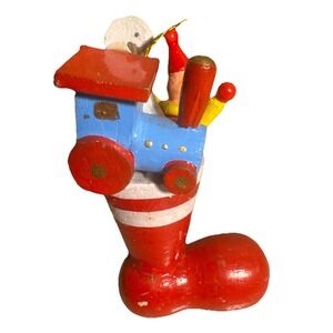 Vintage Holiday Memories Red Wood Stocking Hand Painted Christmas Tree Ornament